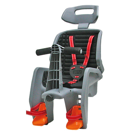 Deluxe Child Carrier Baby Seat with Alloy Rear Rack, featuring a child's seat with an adjustable headrest, seat belt, straps, and soft pad, mounted on a lightweight alloy rack for bicycles.