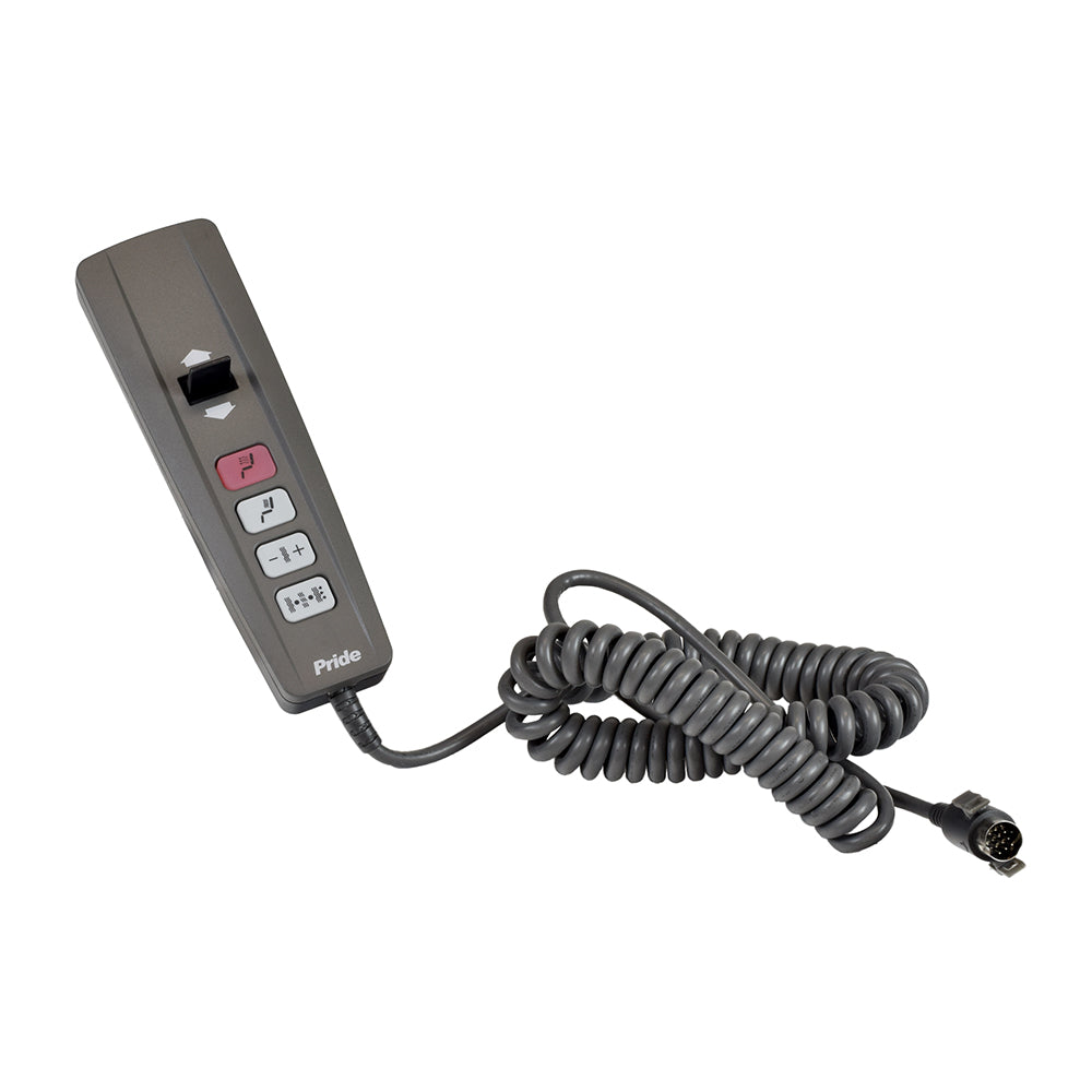 Deluxe Heat and Massage Low Voltage Hand Control for Pride Lift Chairs (ELEASMB3570) featuring a grey remote with buttons and a coiled cord, used for adjusting chair positions, heat, and massage settings.