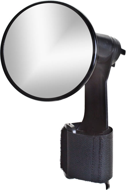 Deluxe MTB Mirror with a round, black frame and black strap, designed for bicycles and scooters, enhancing safety and functionality.