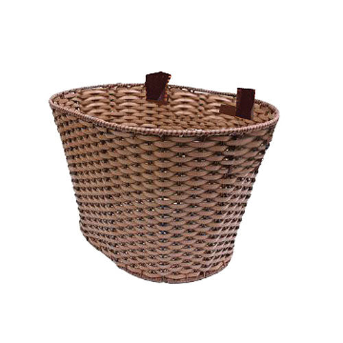 Deluxe Rattan Basket featuring a sturdy handle, intricately woven wicker design, ideal for bike or scooter storage. Perfect for carrying essentials on your rides.