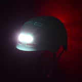 Dual Light-up Helmet for Bikes & Scooters with a white 3-LED headlight and a red 10-LED taillight, featuring an impact-resistant hardshell exterior and adjustable size.