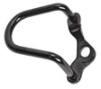 Derailleur Guard: A black metal piece designed to protect bicycle and scooter derailleurs, featuring a central hole for easy attachment. Ideal for enhancing the durability of various types of bikes and scooters.