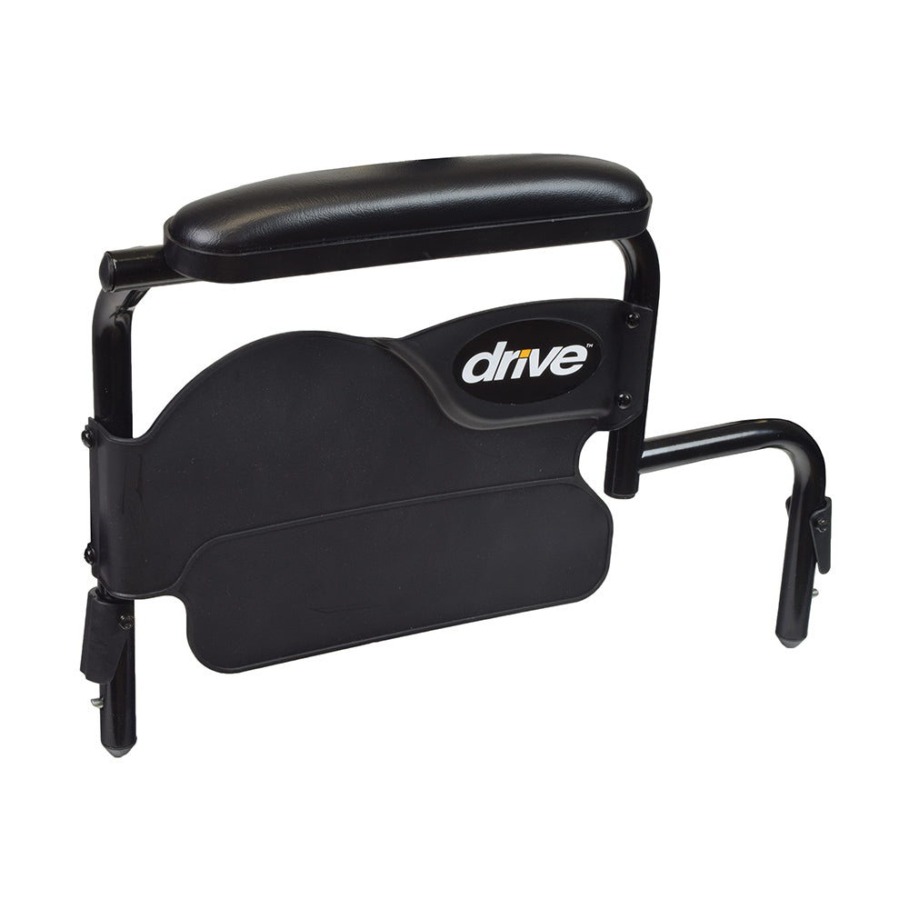 Desk Length Armrest Assembly for the Drive Medical Cruiser III Wheelchair, featuring a black seat and handle with a visible logo, designed for easy, tool-free installation.