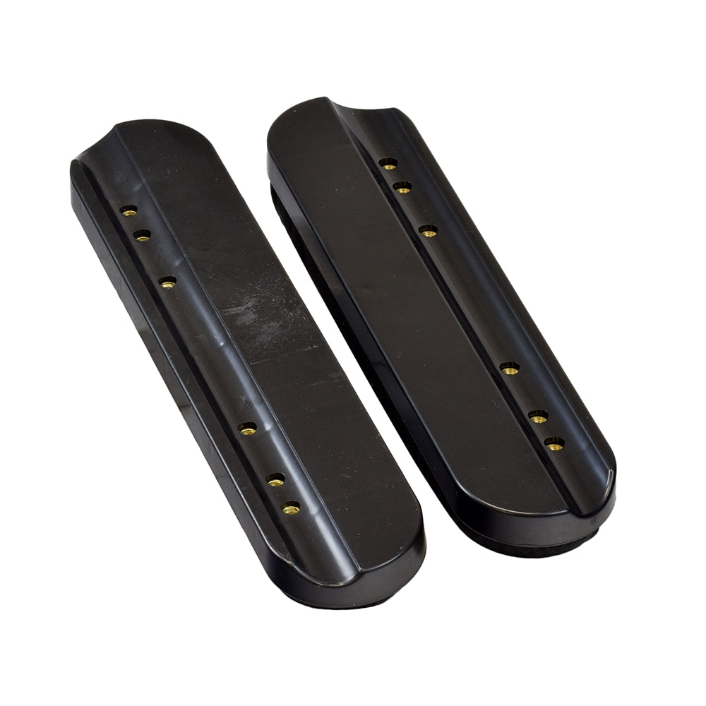 Desk Length Fabric Armrest Pads for Drive Wheelchairs and Transport Chairs (Pair), shown close up as black rectangular objects with holes, compatible with various Drive Medical wheelchairs and transport chairs.