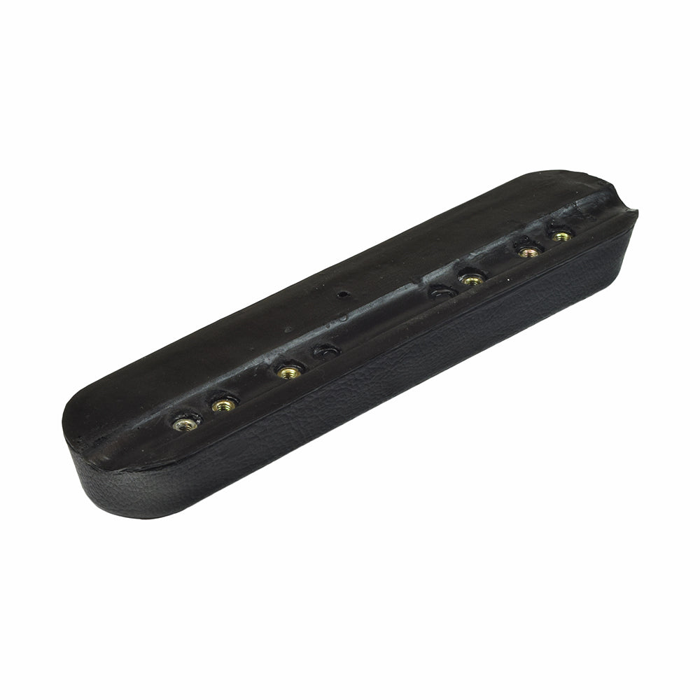 9-1/2 Desk Length Black Urethane Armrest for Wheelchairs, featuring multiple holes and screws for adjustable fit.