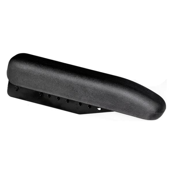 Desk Length Urethane Armrest Pad for Invacare Power Chairs, black and metal with holes, designed for easy installation and cleaning, measuring 12-1/4 long by 2-5/8 wide.