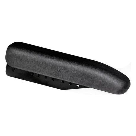 Desk Length Urethane Armrest Pad for Invacare Power Chairs (Used) - Black urethane armrest pad with minor scratches on the metal bracket, featuring holes for easy installation. Measures 12-1/4 x 2-5/8.