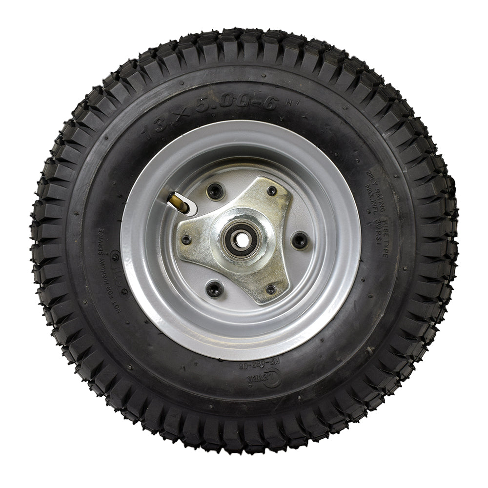 Razor Dirt Quad Front Wheel Assembly (Versions 1 - 18) featuring a black tire with a silver rim, includes tire, tube, and rim; close-up of the complete front wheel assembly.