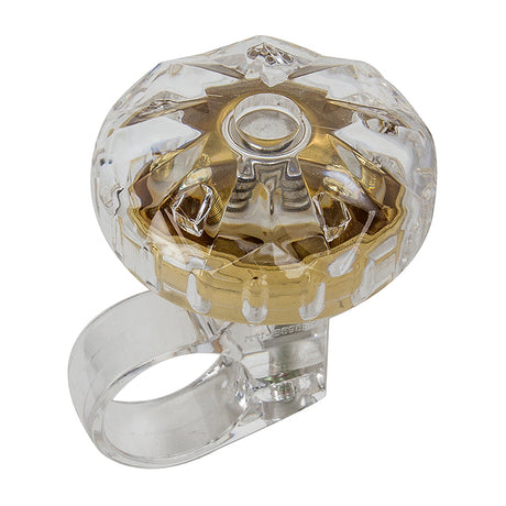 Diamond Jubilee Handlebar Bell with a clear and gold ring, shown in a close-up shot, highlighting its intricate design. This accessory is perfect for enhancing your bike or scooter.