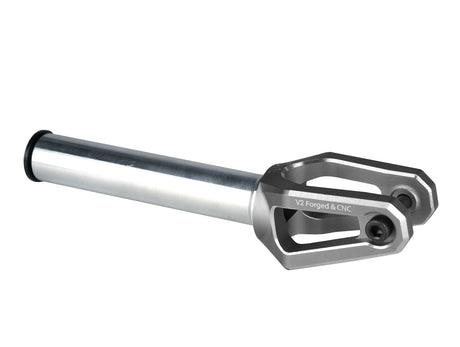 AO Diamond V2 Fork HIC/SCS, featuring a silver metal object with a robust forged aluminum stem, strong fork arms, and a visible M16 steel top screw, accompanied by a screwdriver in the image.