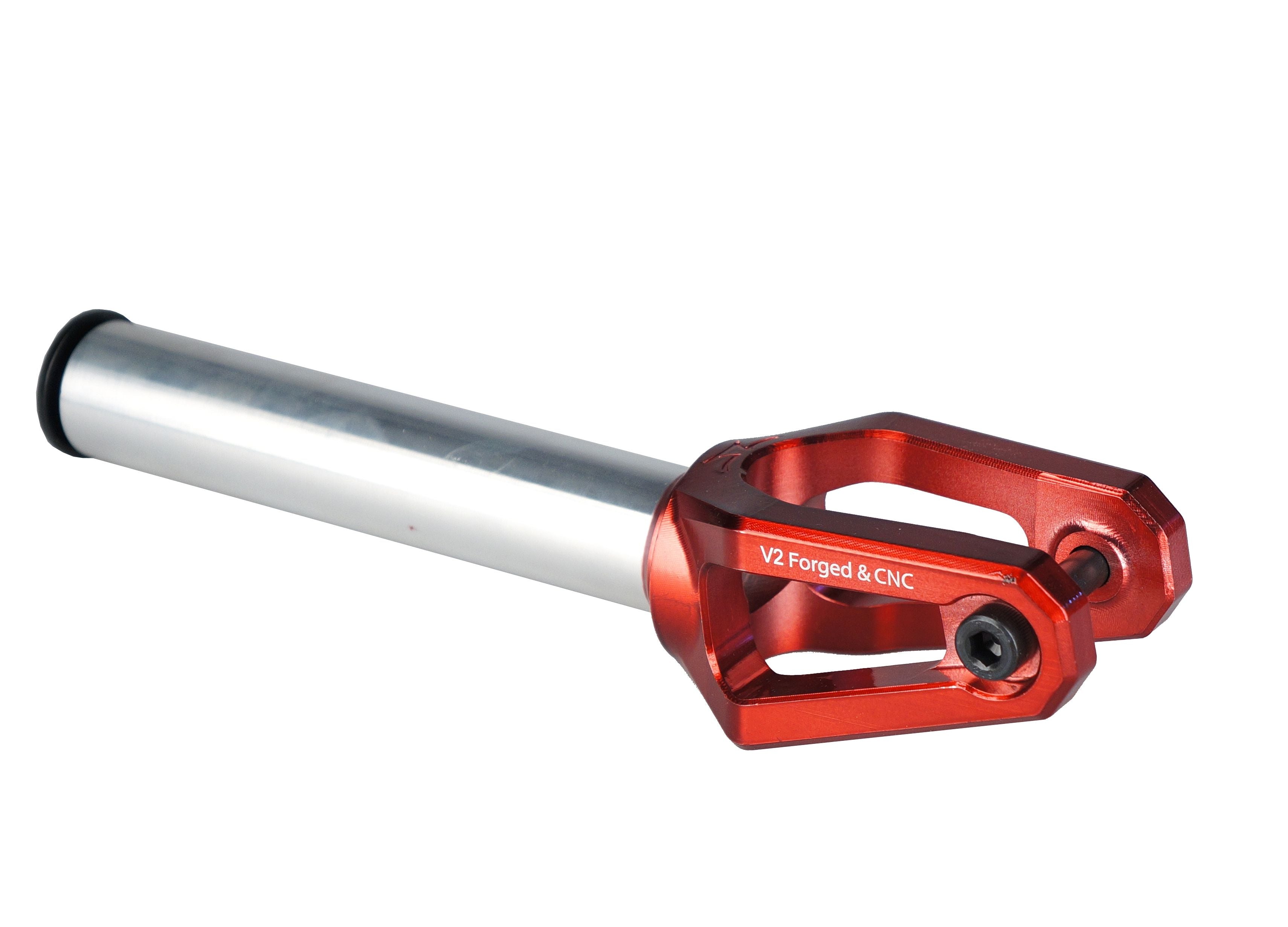 AO Diamond V2 Fork HIC/SCS features a close-up of a red and silver handle with a screw, showcasing the strong fork arms and sturdy M16 steel top screw.