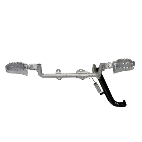 Footrest Assembly with Kickstand for 49cc, 50cc, & 70cc Dirt Bikes, featuring a robust metal construction with a black handle and visible screws, ideal for various dirt bike models.