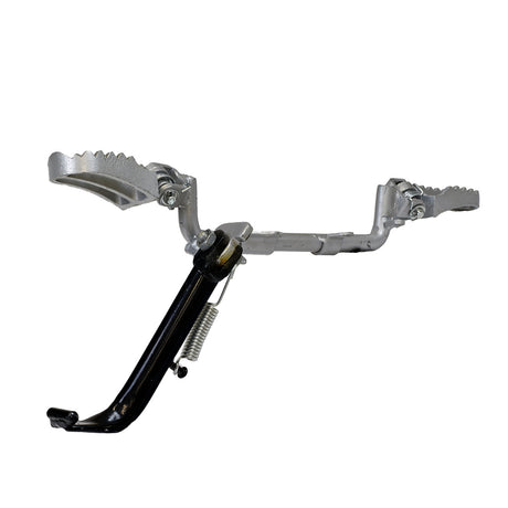 Footrest Assembly with Kickstand for 49cc, 50cc, & 70cc Dirt Bikes: A sturdy metal footrest with a black handle, featuring a kickstand for dirt bikes, ensuring stability and grip for various models.