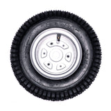 Razor Dirt Quad Rear Wheel Assembly (Versions 1 - 18), showcasing a black tire with a silver rim, designed for durability and compatibility with specified Razor Dirt Quad models.