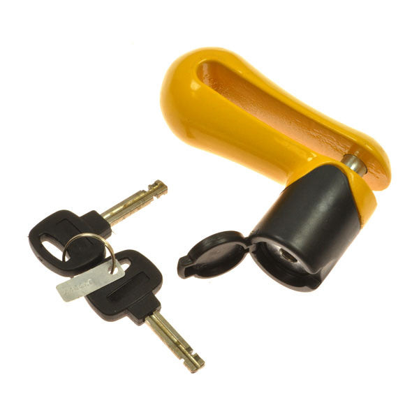 Disc Brake Security Scooter Lock with yellow handle and two keys, designed to clamp onto the rotor, preventing wheel movement and enhancing scooter security.