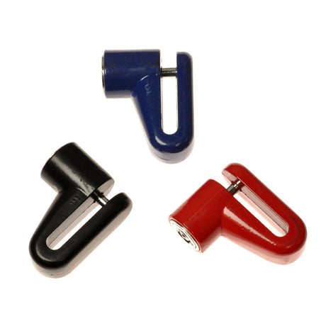 Disc Brake Rotor Lock for Scooters & Bikes, featuring a close-up of a sturdy lock with a metal handle and a secure locking mechanism, displayed alongside multiple color options and keys.