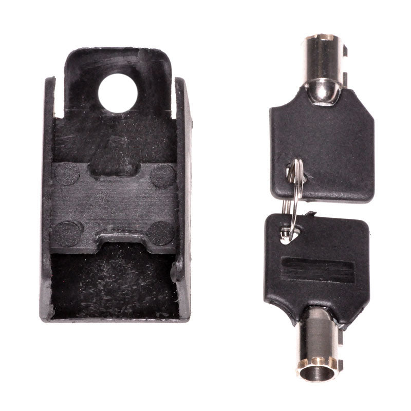 Disc Brake Rotor Lock for Scooters & Bikes - a black lock with a key holder, shown with keys and a convenient hanger for easy storage.