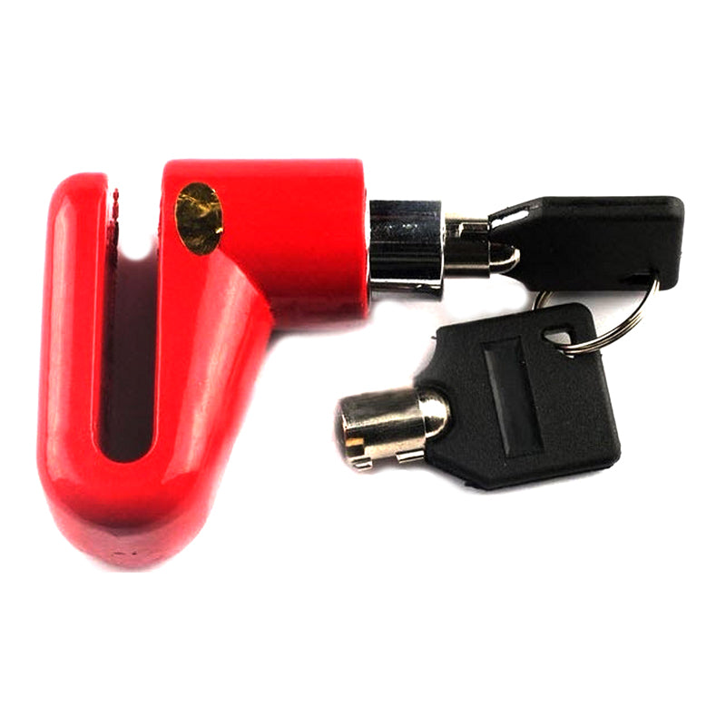 Disc Brake Rotor Lock for Scooters & Bikes, featuring a close-up of a red lock with two included keys, designed to secure the disc rotor and prevent turning.