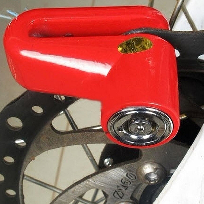 Disc Brake Rotor Lock for Scooters & Bikes shown attached to a bicycle's disc brake, demonstrating its secure fit and functionality. Includes lock assembly and keys.