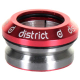 District S-Series Standard Headset for Kick Scooters featuring a close-up of a high-precision, smooth-spinning red and silver integrated headset with laser-etched logos, shown with a sealed bearing and aluminum alloy cup.