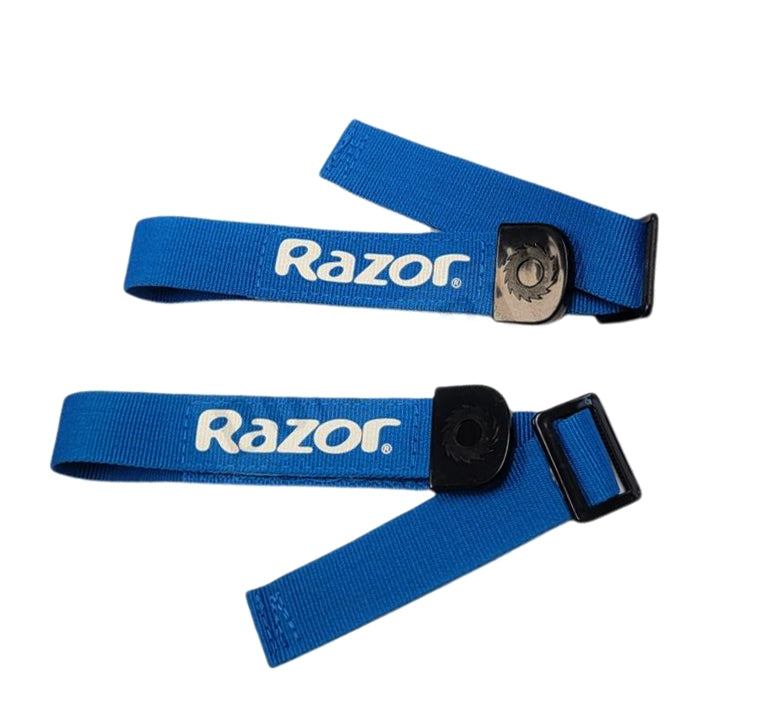 Foot Strap for the Razor Turbo Jetts DLX Electric Heel Wheels, displaying a pair of blue straps with white text, designed to securely attach the rider's feet to the heel wheels.