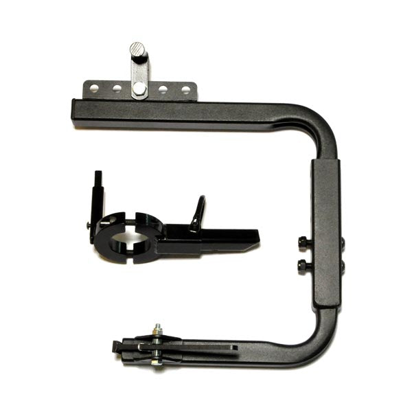 C-Arm Seat-On Hoist Docking Device for Go-Go Scooters, a black metal tool with screws, designed to secure the scooter's seat post to a hoist, maintaining stability during lifting.