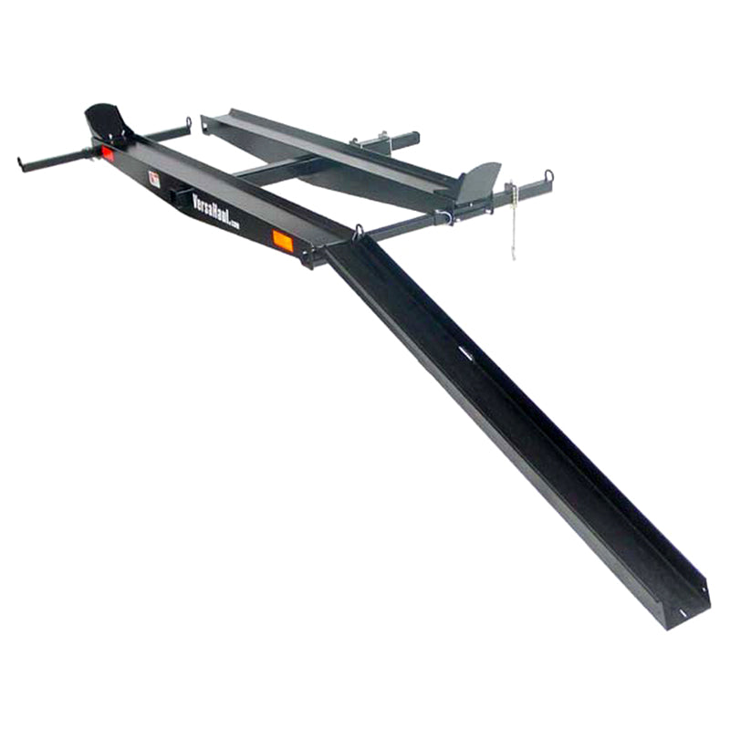 Double Scooter Carrier with Ramp from VersaHaul, a black metal tool, designed to haul two motor bikes or scooters, featuring adjustable rails, anti-tilt lock, and retractable tie-down bars.