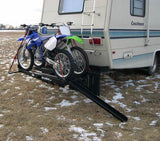 Double Scooter Carrier with Ramp mounted on a motorhome, featuring two motorcycles. The carrier includes adjustable rails, a heavy-duty ramp, and anti-tilt lock bracket, showcasing its robust design for easy transport.