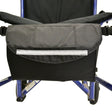 Down-in-Front Under Seat Bag for Wheelchairs positioned on a blue chair, showcasing its compact design ideal for wheelchairs without armrests or extra room on the sides.