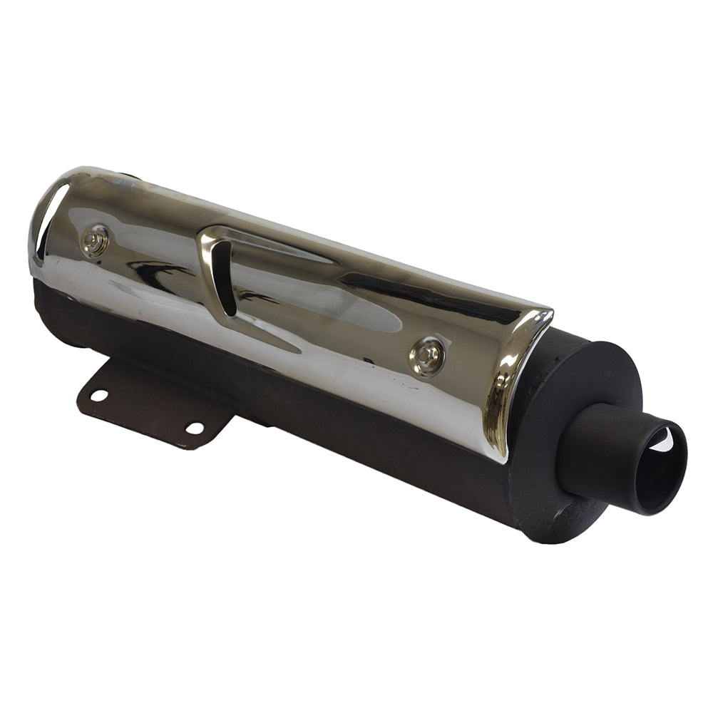 Universal Black Muffler/Silencer for 50cc & 70cc 2-Stroke Yamaha Style Minarelli-Jog Scooters, showcasing a close-up view of the black steel, cylindrical muffler with precision-crafted details.