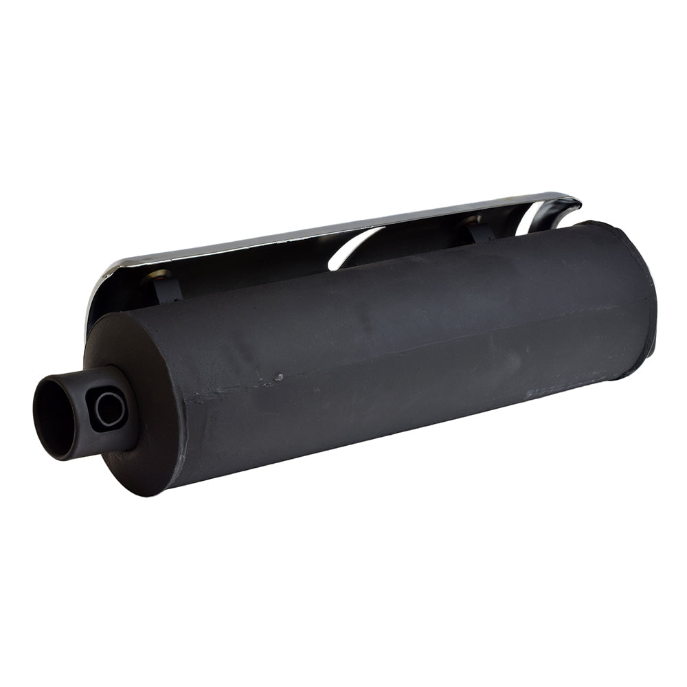 Universal Black Muffler/Silencer for 50cc & 70cc 2-Stroke Yamaha Style Minarelli-Jog Scooters, featuring a black painted steel body with a silver metal holder and a central hole.