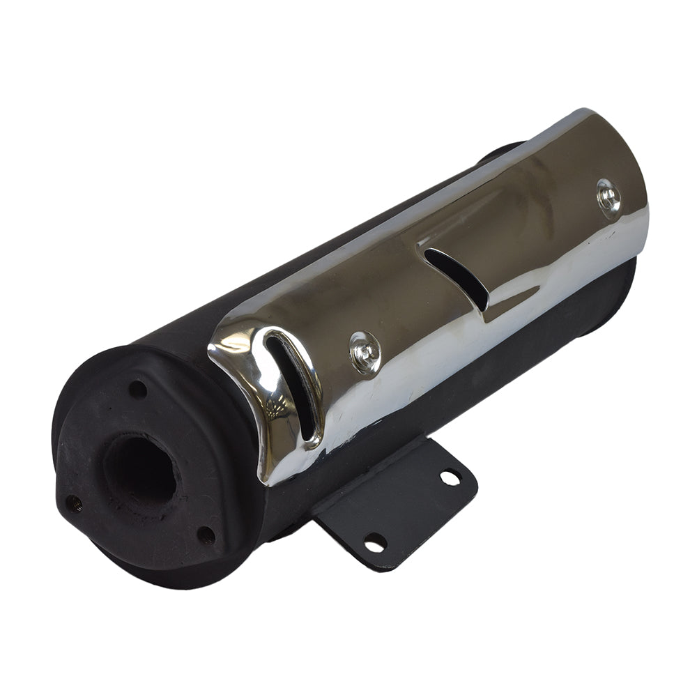 Universal Black Muffler/Silencer for 50cc & 70cc 2-Stroke Yamaha Style Minarelli-Jog Scooters, featuring a black and silver cylindrical design with visible mounting holes and metal components.