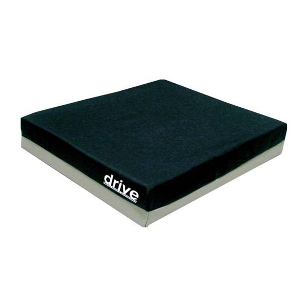 Drive Medical 2 Gel Cushion for Wheelchairs and Power Chairs, showcasing a black and white pillow-like design, offering comfort and support with a removable water-resistant cover and durable base.