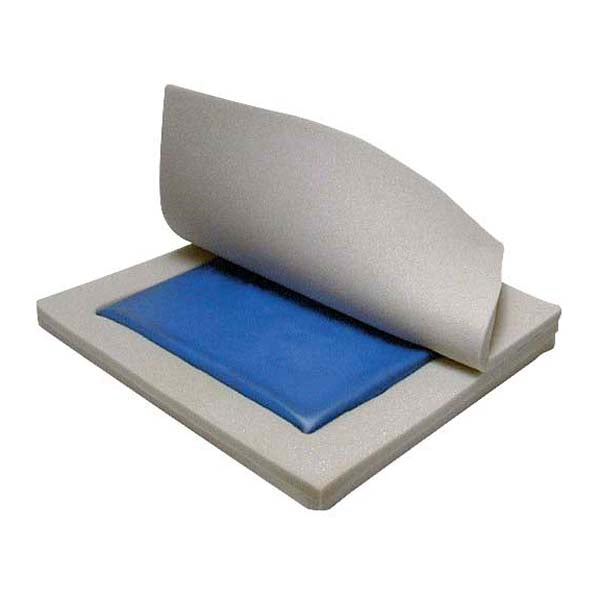 Drive Medical 2 Gel Cushion for Wheelchairs and Power Chairs, featuring a white cover and blue pad, designed for pressure ulcer prevention with a removable, water-resistant top cover and durable vinyl base.