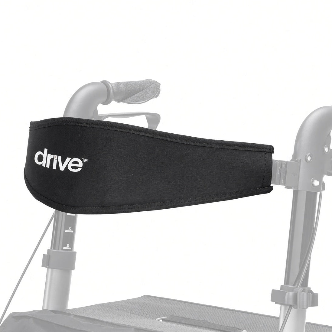 Black padded backrest with white Drive logo for the Drive Medical Compact Folding Rollator (RTL10288BK), shown mounted between the rollator's handle posts - part RTL10288BK-30