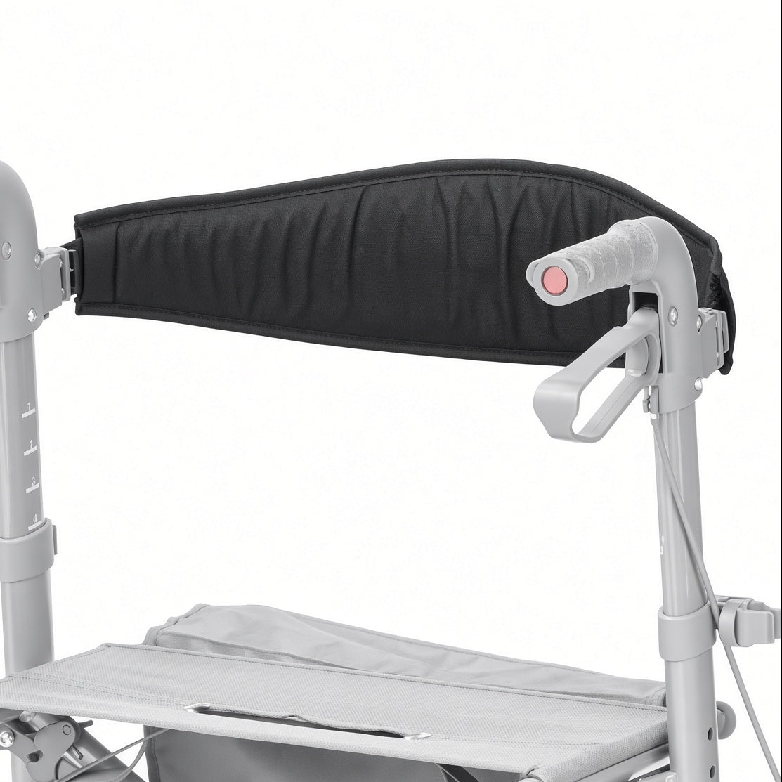 Rear view of the black padded backrest installed on the Drive Medical Compact Folding Rollator (RTL10288BK), curving above the seat between the handle posts - part RTL10288BK-30