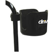 Plastic Universal Cup Holder for Wheelchairs, attached to a black pole, featuring white text. This lightweight, durable accessory fits round tubing from 5/8 to 1 in diameter for enhanced convenience.