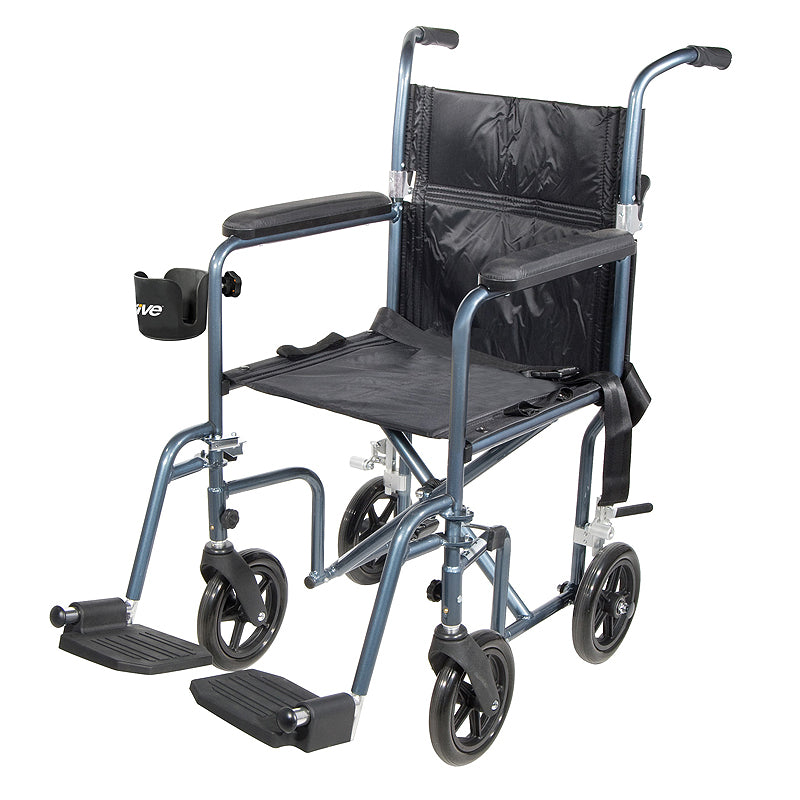 Plastic Universal Cup Holder for Wheelchairs attached to round tubing of a wheelchair, showcasing its lightweight and durable design with a spacer for different tubing sizes.