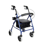 Plastic Universal Cup Holder for Wheelchairs attached to a blue walker with black seat, showing close-ups of wheels and handlebar. Lightweight, durable, and easily attaches to round tubing.