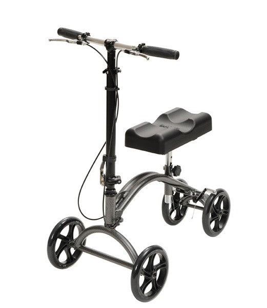 Drive Medical DV8 Steerable Knee Walker featuring a black frame with a padded seat, 8 wheels, and deluxe lever brake, designed for maneuverable mobility and excellent leg support.