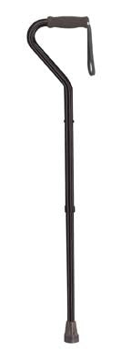 Drive Medical Bariatric Offset Cane for Tall Adults, featuring a sturdy black pole with a comfortable handle, wrist strap, and height adjustment mechanism.