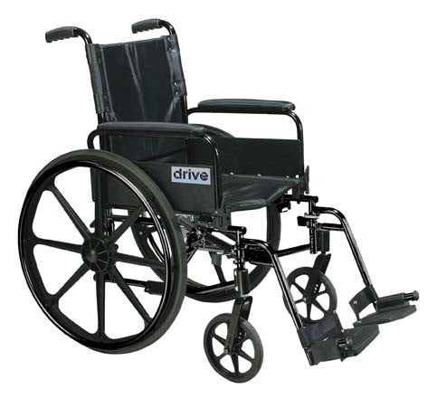 Drive Medical Cirrus IV Lightweight Wheelchair with 20 Seat featuring black wheels, swing-away footrests, flip-back arms, and a carbon steel frame with durable nylon upholstery.