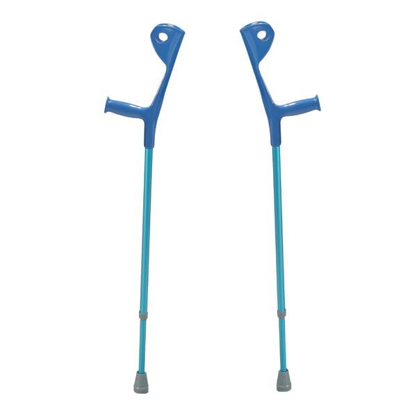 Blue Drive Medical EuroStyle Lightweight Aluminum Forearm Crutches with blue handles and molded cuffs, designed for stability and comfort, suitable for users 5' to 6'2 in height.