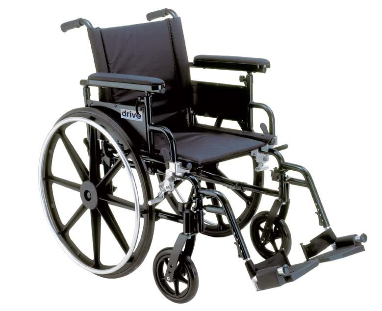 Drive Medical Viper Plus GT Lightweight Wheelchair with 22 Seat, featuring swing-away footrests and adjustable desk length armrests, shown in a close-up image highlighting its sleek design and ergonomic features.