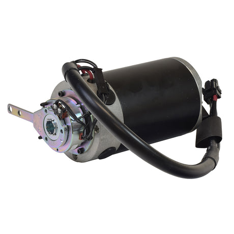 Drive Motor Assembly for the Pride Celebrity XL Heavy Duty Deluxe (SC4450DX), featuring a black and silver electric motor with an attached brake assembly, suitable for specific scooter models.