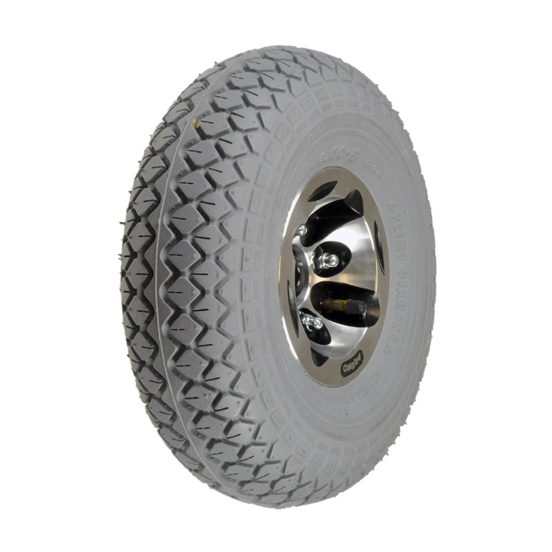 13 x 4.00-5 Foam-Filled Drive Wheel Assembly for PaceSaver Scout Boss 5 and 6 Series Power Chair, featuring a tire with diamond tread and a silver rim, close-up view.