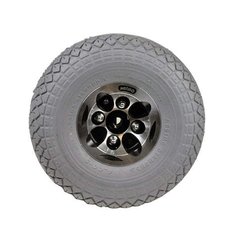 13 x 4.00-5 Foam-Filled Drive Wheel Assembly for the PaceSaver Scout Boss 5 and 6 Series Power Chair, featuring a tire with a silver rim and diamond tread pattern.