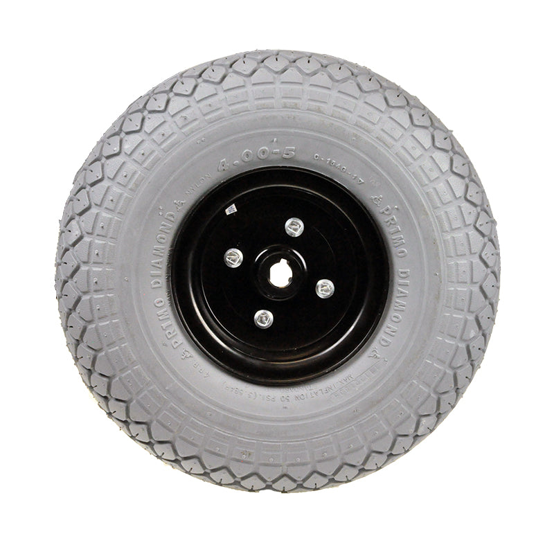 13 x 4.00-5 Foam-Filled Drive Wheel Assembly for the PaceSaver Scout Boss 5 and 6 Series Power Chair, featuring a black rim and diamond tread, ideal for mobility and durability.