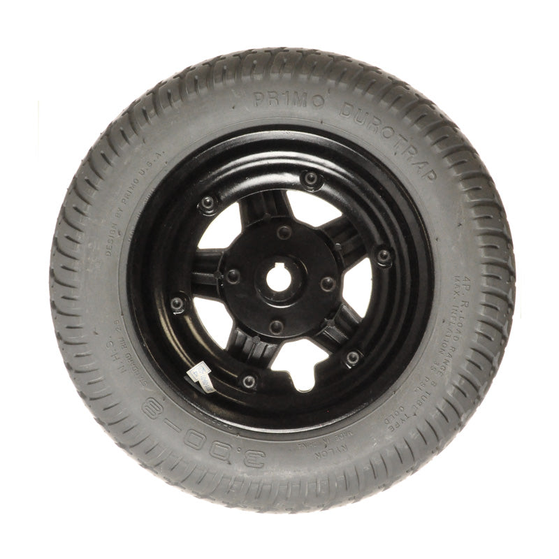 14x3 (3.00-8) Foam Filled Drive Wheel Assembly for Invacare TDX SI and TDX SI-2 Power Wheel Chairs, featuring a Primo Powertrax tire on a black rim, ensuring flat-free dependability.