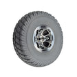 Close-up of the 3.00-4 (10x3, 260X85) Foam-Filled Drive Wheel Assembly for the Shoprider Streamer Sport (888WA), showing detailed tread and sturdy silver rim for enhanced durability.